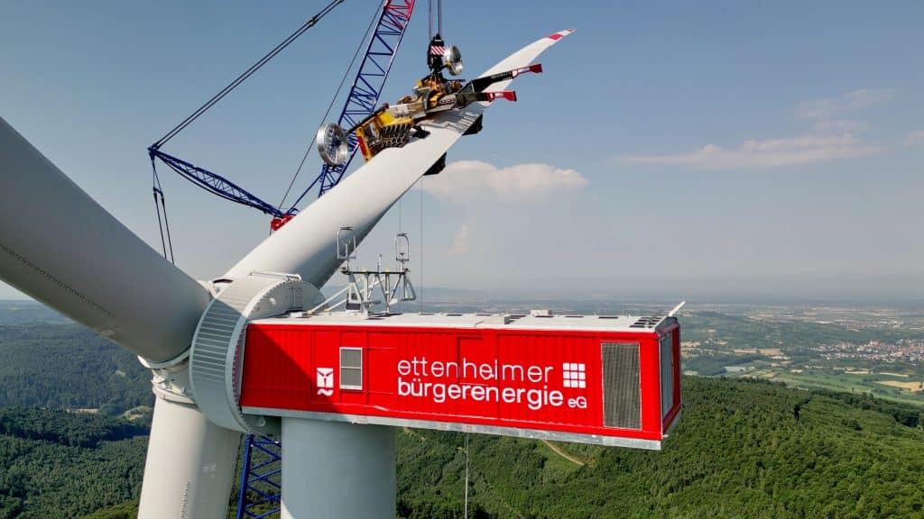 A wind turbine at the Schnürbuck wind farm near Ettenheim is operated by Ettenheimer Bürgerenergie. Photo: Ingo Jensen/ematec