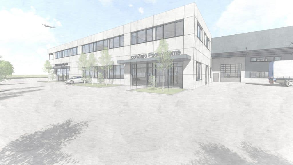 Der Eingang von conZero Poolsysteme am künftigen neuen Firmensitz in Nähe zum Allgäu Airport. Foto: Max Wild