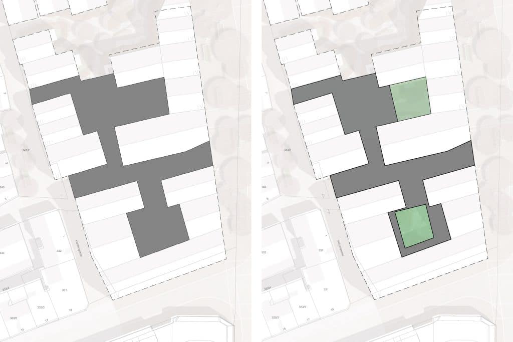 Mehr Platz für Grünflächen: Durch den Einsatz der halbautomatischen Parksysteme reduziert sich im Stadtquartier Rosenviertel die versiegelte Bodenfläche um 400 m2. Illustration: f64 Architekten
