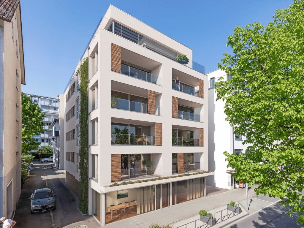 Dank des halbautomatischen Parksystems kVario von Klaus Multiparking kann die F61 Wohnbau GmbH in Friedrichshafen zu jeder Eigentumswohnung im Bellevue Carré 49 einen Stellplatz anbieten. Illustration: F61 Wohnbau GmbH