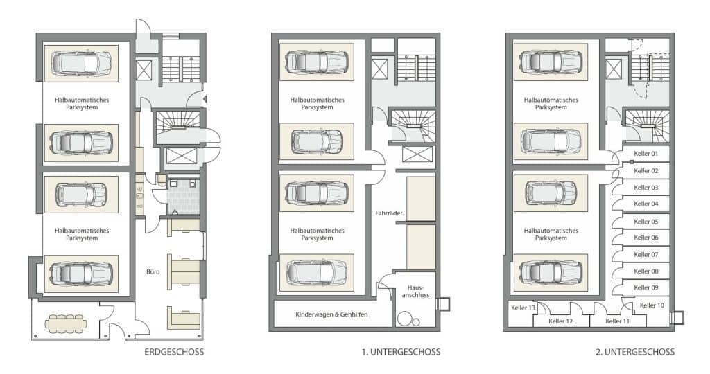 Im Bellevue Carré 49 kann auf drei Ebenen geparkt werden. Illustration: F61 Wohnbau GmbH